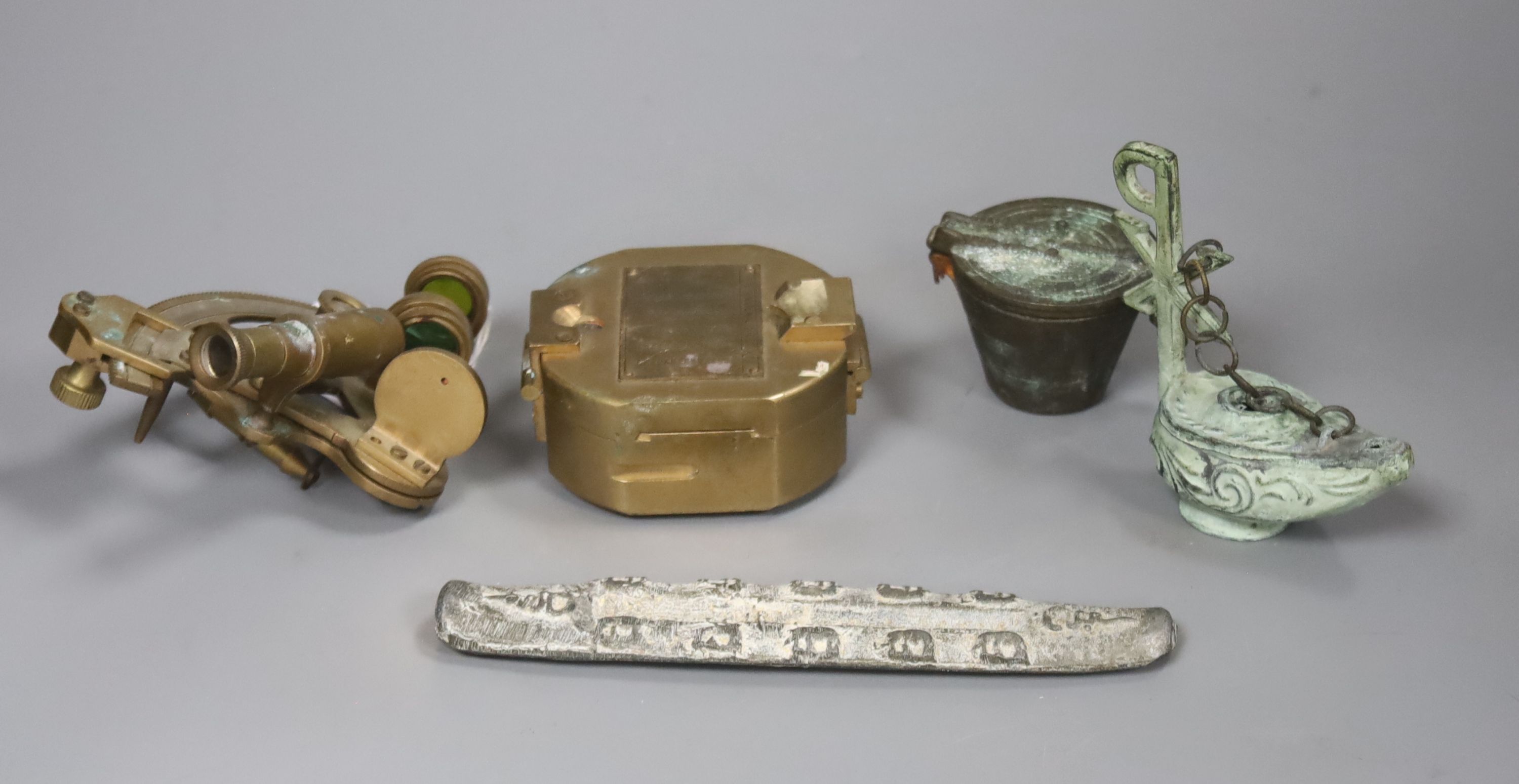 A set of cup weights, a modern level and compass and two other items